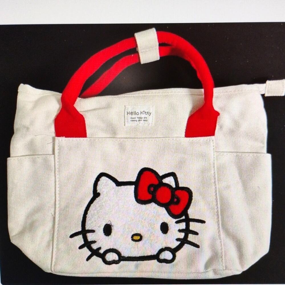 Hello Kitty Canvas Tote Handbag w/ Embroidered Front Pocket – New w/ Tags